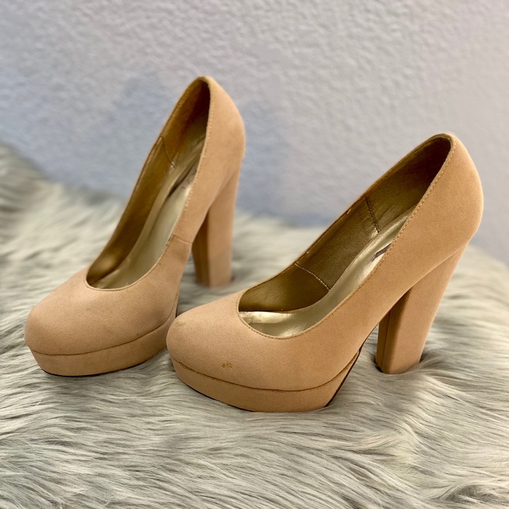 Glaze Tan Faux Suede Block Heels